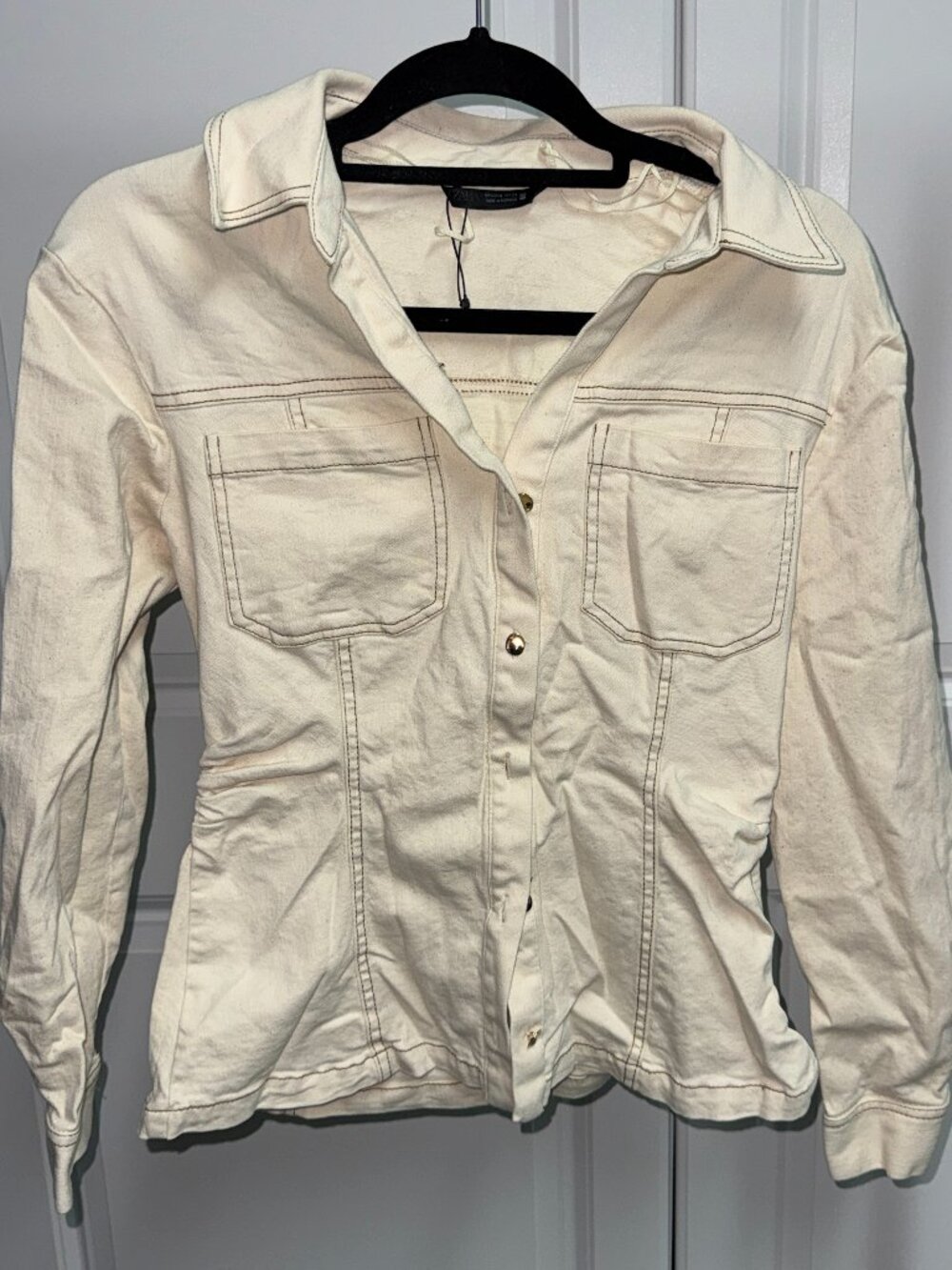 Zara Fitted Denim Shirt with Contrast Topstitching